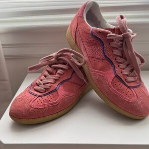 Pink Suede Sneakers with Blue Accents